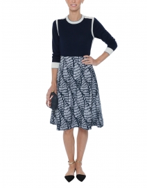 Navy and White Fan Print Stretch Skirt