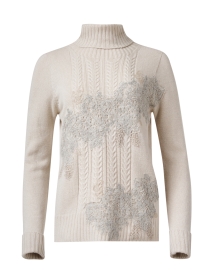 Beige Lace Applique Turtleneck Sweater