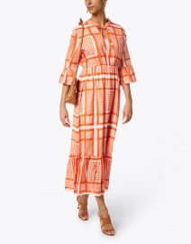 Ro's Garden - Fleur Orange Tile Mosaic Printed Cotton Midi Dress with Bell Sleeves 