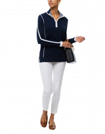 Navy and White Henley Zip Up Cotton Sweater