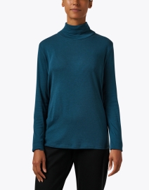 Front image thumbnail - Eileen Fisher - Teal Cotton Blend Turtleneck Top