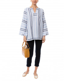 Pale Blue, Navy and White Striped Linen Tunic Top
