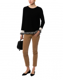 Black Cashmere Sweater with Ivory Fringe Trim
