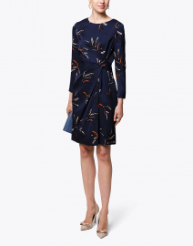 Navy Floral Ruched Stretch Silk Dress