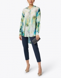 120% Lino - Teal Lake Watercolor Print Silk Shirt