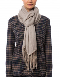 Beige Wool Cashmere Scarf with Suede Fringe