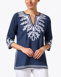 Front image thumbnail - Gretchen Scott - Navy Reef Embroidered Cotton Poplin Tunic
