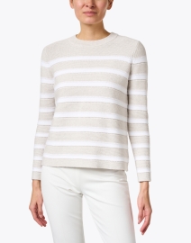Front image thumbnail - Kinross - Beige and White Cotton Garter Stitch Stripe Sweater