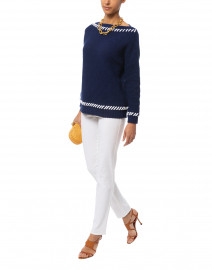 Navy Ribbed Cotton Sweater with White Whipstitching
