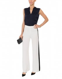 White Crepe Pant with Wide Navy Stripe