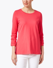 Front image thumbnail - E.L.I. - Coral Pink Pima Cotton Ruched Sleeve Tee