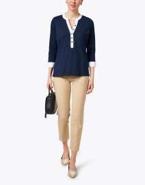 Look image thumbnail - E.L.I. - Navy and White Cotton Poplin Henley Top