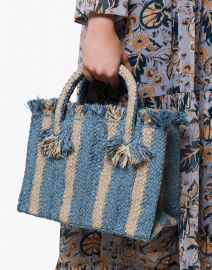 Georges Blue and Light Blue Striped Raffia Small Tote
