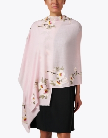 Look image thumbnail - Janavi - Pink Floral Embroidered Merino Wool Scarf