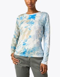 Front image thumbnail - Pashma - Blue and White Animal Print Cashmere Silk Sweater