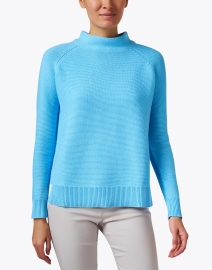 Front image thumbnail - Kinross - Pool Blue Garter Stitch Cotton Sweater