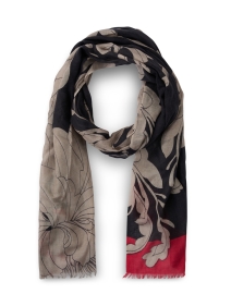 Black White and Red Floral Print Silk Cashmere Scarf