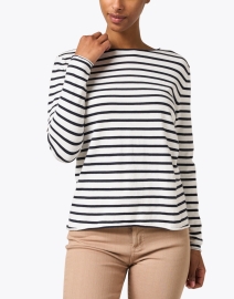 Front image thumbnail - Allude - Navy and White Stripe Cotton Cashmere Sweater
