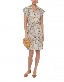 Beige Floral Printed Cotton Linen Shirt Dress