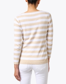 Back image thumbnail - Blue - White and Beige Striped Pima Cotton Boatneck Sweater