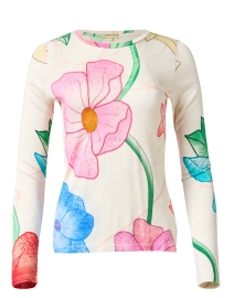 White Multi Floral Print Cashmere Silk Sweater