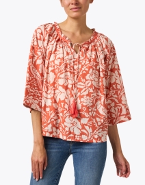 Front image thumbnail - Pomegranate - Orange & White Print Tie Neck Blouse