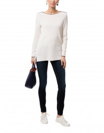 Arles White Wool Sweater with Navy Piping