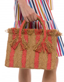 Georges Brown and Coral Striped Raffia Small Tote