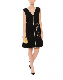 Black Fluid Crepe Dress with White Piping