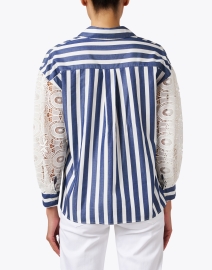 Back image thumbnail - Vilagallo - Vernen Blue and White Stripe Lace Sleeve Blouse