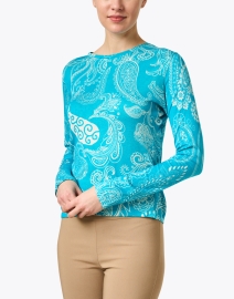 Front image thumbnail - Pashma - Turquoise Paisley Print Cashmere Silk Sweater