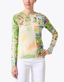 Front image thumbnail - Pashma - Green Floral Print Cashmere Silk Sweater