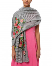 Rose Embroidered Grey and White Striped Merino Wool Scarf