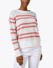Front image thumbnail - Kinross - White and Coral Striped Linen Sweater