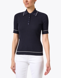Front image thumbnail - Lafayette 148 New York - Navy Rib Knit Polo Top