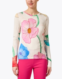 Front image thumbnail - Pashma - White Multi Floral Print Cashmere Silk Sweater