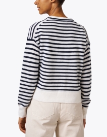 Back image thumbnail - White + Warren - White and Navy Striped Cashmere Cardigan