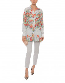 Ala Grey with Red Floral Silk Button Down Blouse