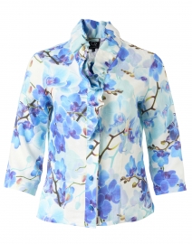 Celine White and Blue Orchid Print Linen Shirt