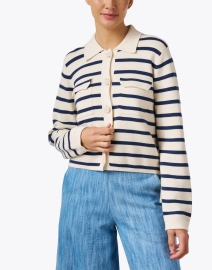 Front image thumbnail - Repeat Cashmere - Ivory and Navy Striped Cotton Cardigan