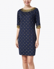 Front image thumbnail - Gretchen Scott - Navy and Gold Embroidered Jersey Dress