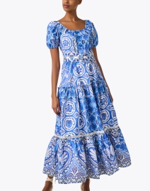 Front image thumbnail - Farm Rio - Blue and White Tile Print Cotton Dress