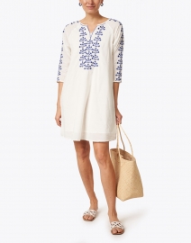 Pomegranate - White and Blue Embroidered Cotton Dress