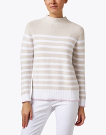 Front image thumbnail - Kinross - Beige and White Stripe Garter Stitch Cotton Sweater