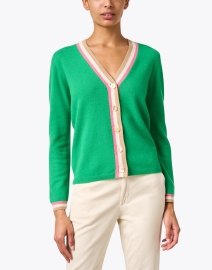 Front image thumbnail - Jumper 1234 - Green Contrast Stripe Cashmere Cardigan