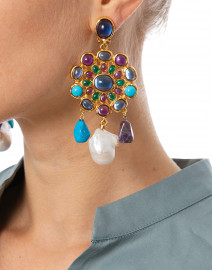 Blue and Purple Cluster Clip-On Drop Earrings
