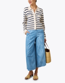 Look image thumbnail - Repeat Cashmere - Ivory and Navy Striped Cotton Cardigan