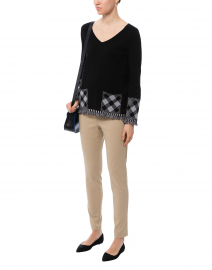 Black Cotton Sweater with Plaid Pockets