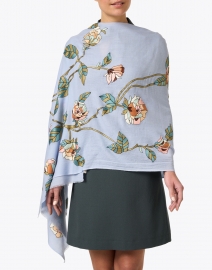 Look image thumbnail - Janavi - Blue Garden Floral Embroidered Wool Scarf