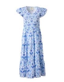 Blue and White Print Smocked Cotton Dress